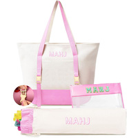 Juego de tres piezas de lona con estampado de letras, bolsa de almacenamiento de mahjong, neceser de viaje plegable de gran capacidad para maquillaje