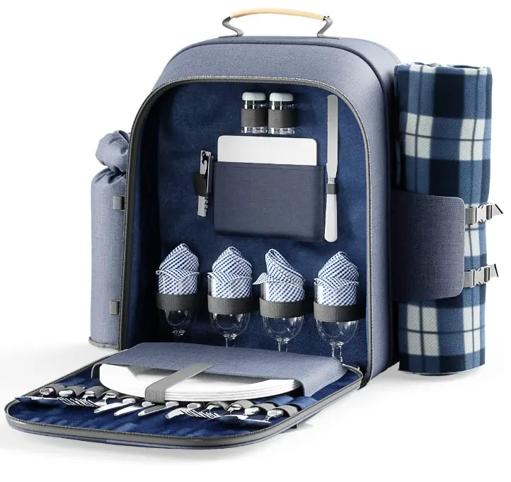 Familie Outdoor Camping Mittagessen Rucksack Kühlrucksäcke Strand Picknick-Rucksack mit Kühlkompartiment und Decke Picknickbesteck