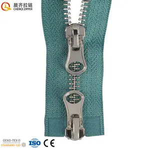 Factory Direct Sale Custom Logo Size 5# Y White Gold Teeth Metal Zipper 2 Way Open End Green Tape Metal Zipper For Pants