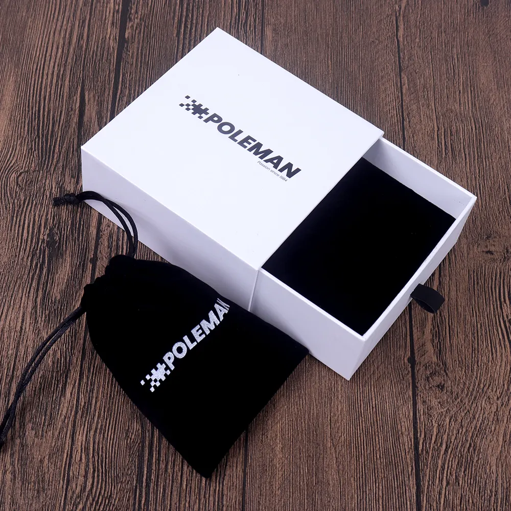 Cajas de cajón de joyería con logotipo personalizado, tobogán blanco, embalaje de papel de regalo, con bolsa negra e inserción de espuma