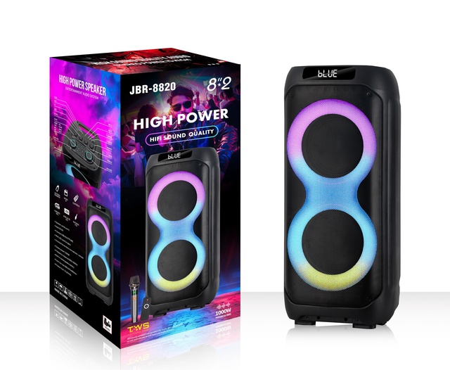 JBR-8820 Dual 8-inch Portable Party DJ TWS Subwoofer Karaoke Speaker with Wireless Mic and RGB LED Lighting for Computer Use