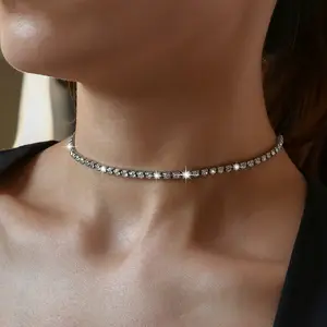 칼라 드 무저 14K 금도금 실버 스파크 라인 석 초커 3mm 클래식 지르콘 테니스 목걸이 신부 웨딩 쥬얼리