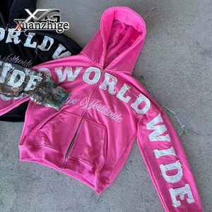 Diseño desgastado <span class=keywords><strong>de</strong></span> alta calidad Bordado desgastado Impresión <span class=keywords><strong>de</strong></span> camuflaje Apliques Bordado Recortado Oversize Zip up Hoodie - Product Image 2