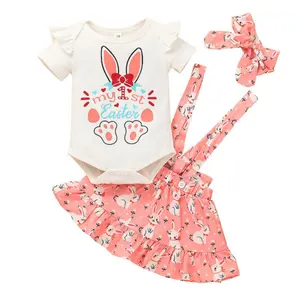 Lovely Teen Girl Set Cute Short Sleeved Cartoon Rabbit Romper Set Match Bow Headband For Baby Girls Clothes