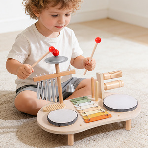 Table d'activités musicales Montessori en <span class=keywords><strong>bois</strong></span>, station musicale éducative précoce avec xylophone, tambours et cymbales - Product Image 2