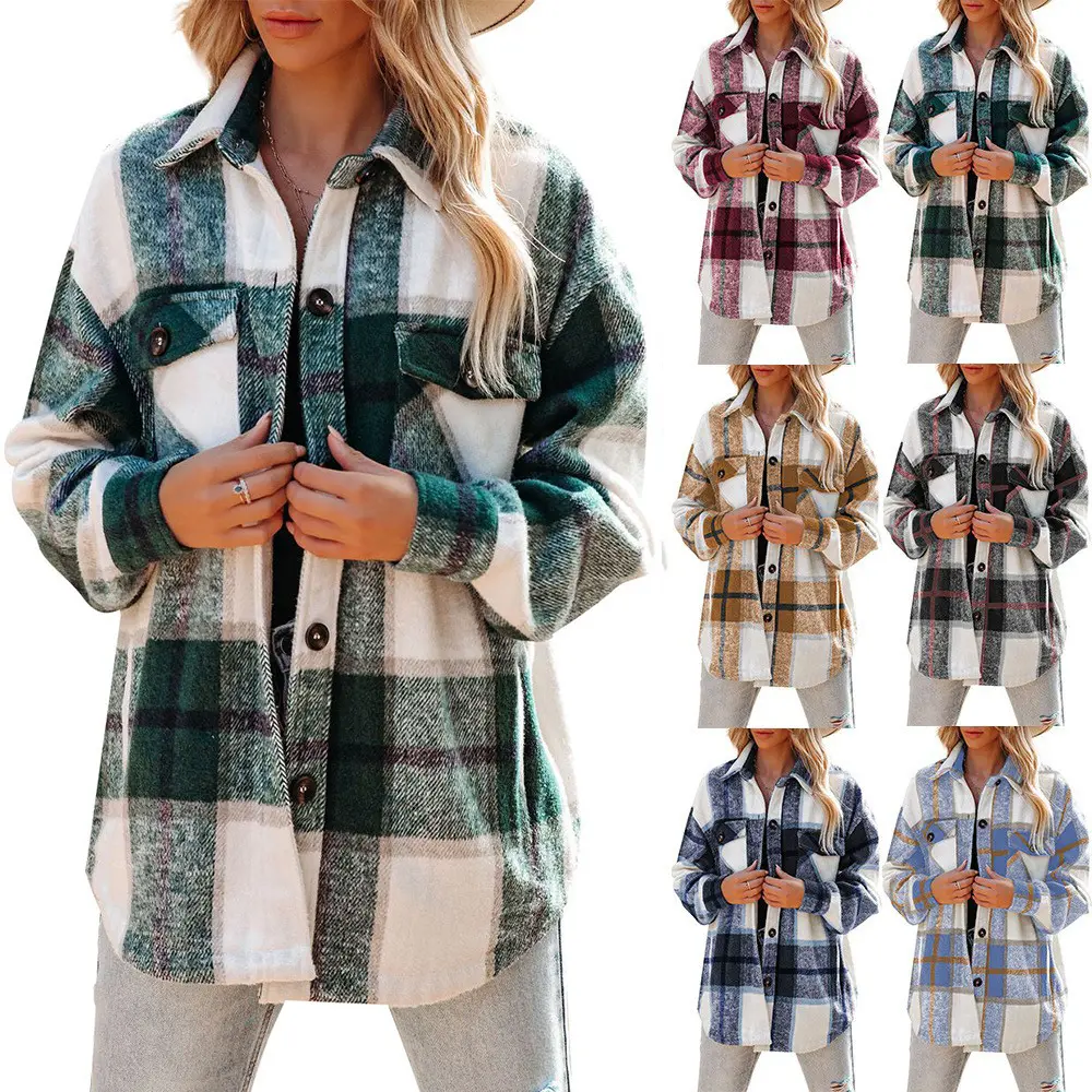 Custom Women's Brushed Plaid Shirts Long Sleeve Button Down Pocketed Flannel Shirts Shacket Jacket