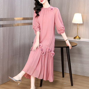 Boutique all'ingrosso donna Maxi autunno nuova moda perline di pizzo con bordo arricciato vita tinta unita in Chiffon uno si adatta a tutti - Product Image 1