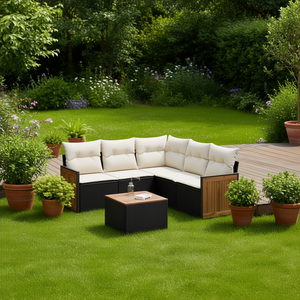 Ensemble de canapés de jardin noir et crème avec structure en rotin, coussins en mousse haute densité, mobilier d'extérieur au design contemporain - Product Image 2