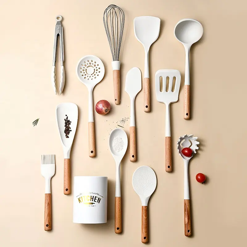 Ensemble de 12 ustensiles de cuisine antiadhésifs avec poignée en silicone et en bois pour la préparation des aliments avec boîte de support incluse