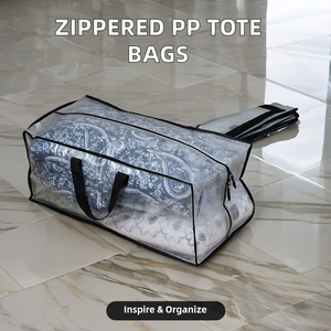 Sacs fourre-tout mobiles transparents tissés en PP clair avec couvercle anti-poussière à fermeture éclair pour utilisation dans la garde-robe pour le stockage des vêtements - Product Image 5