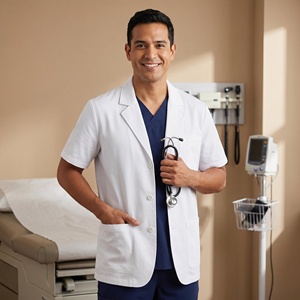 Blouse de Médecin à Manches Courtes en Coton Blanc de Marque JingHua Personnalisée avec Poches Pratiques pour les Professionnels de la Santé (Unisexe) - Product Image 1