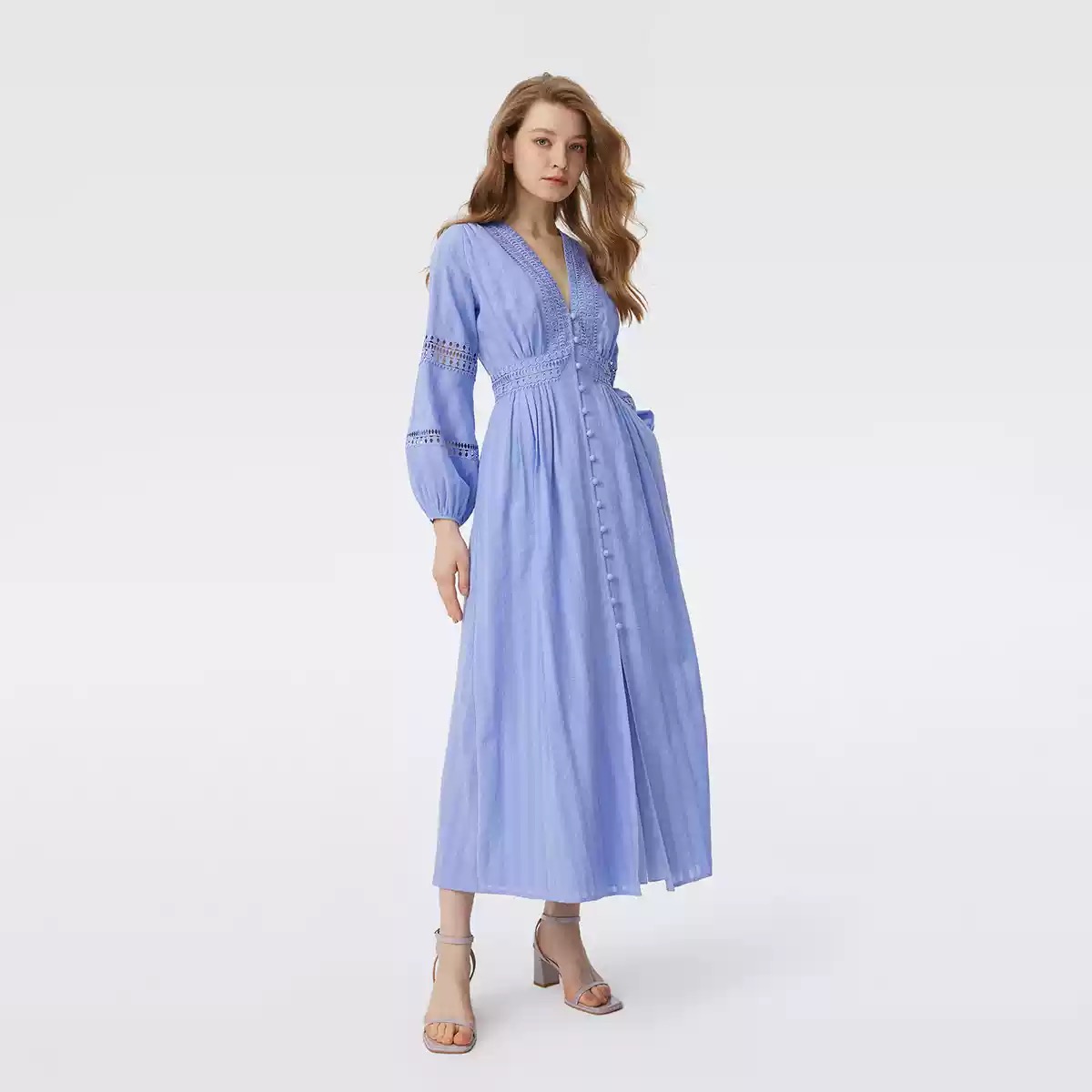 Women's 2025 Spring Summer Collection New Periwinkle Purple Lace Stitching  Tea Break Casual Long Sleeve Chiffon Floor-Length| Alibaba.com