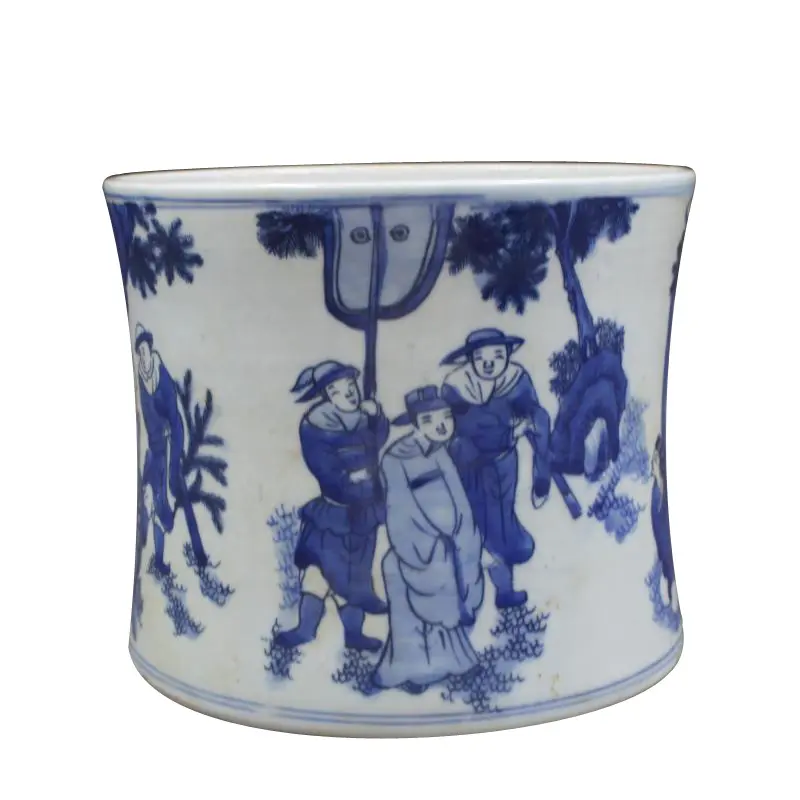 Portalápices de cerámica, decoración de porcelana antigua pintada a mano con personajes azules y blancos