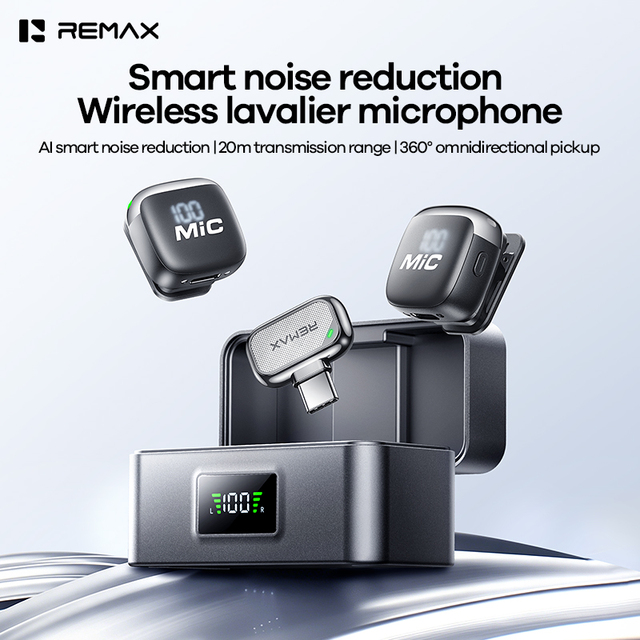 REMAX Wireless Lavalier Microphone AI Noise Cancelling 20m Transmission 360° Omnidirectional Magnetic Clip Digital Display