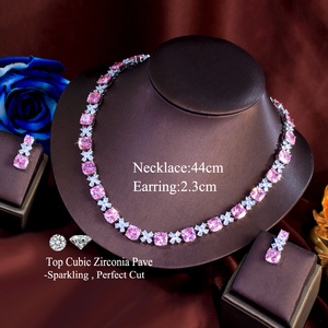 Precioso Juego de Joyas de Circonita Cúbica Rosa Cuadrada para Mujer, Collar y Aretes con Diseño de Flor, para Compromiso, Boda, Graduación, Novia - Product Image 3