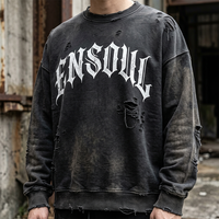 Sweat-shirt à col rond surdimensionné pour homme, grammage lourd, vintage, personnalisé, délavé à l'acide, effet usé, avec logo imprimé gothique, style streetwear, type pull à capuche