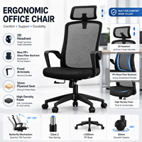 Chaise de bureau ergonomique avec support lombaire, appui-tête réglable 2D, dossier en maille respirante, accoudoirs fixes, pivotante, design moderne