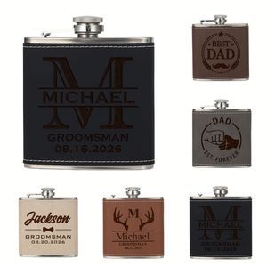 Gourde en cuir personnalisée gravée avec le nom, 6 oz, en acier inoxydable, anti-fuite, design traditionnel, cadeau d'affaires portable - Product Image 1