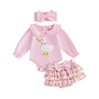 Combinaison à manches longues brodée de canards mignons pour filles, avec col, jupe ondulée et pantalon à nœud