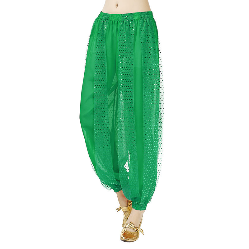 Pantalones bombachos de danza del vientre con lentejuelas verdes