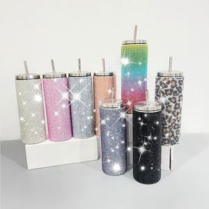 Vasos rectos delgados de acero inoxidable de doble pared con aislamiento, de 20 oz, con tapa y pajita, con diamantes de imitación y cristales brillantes - Product Image 1