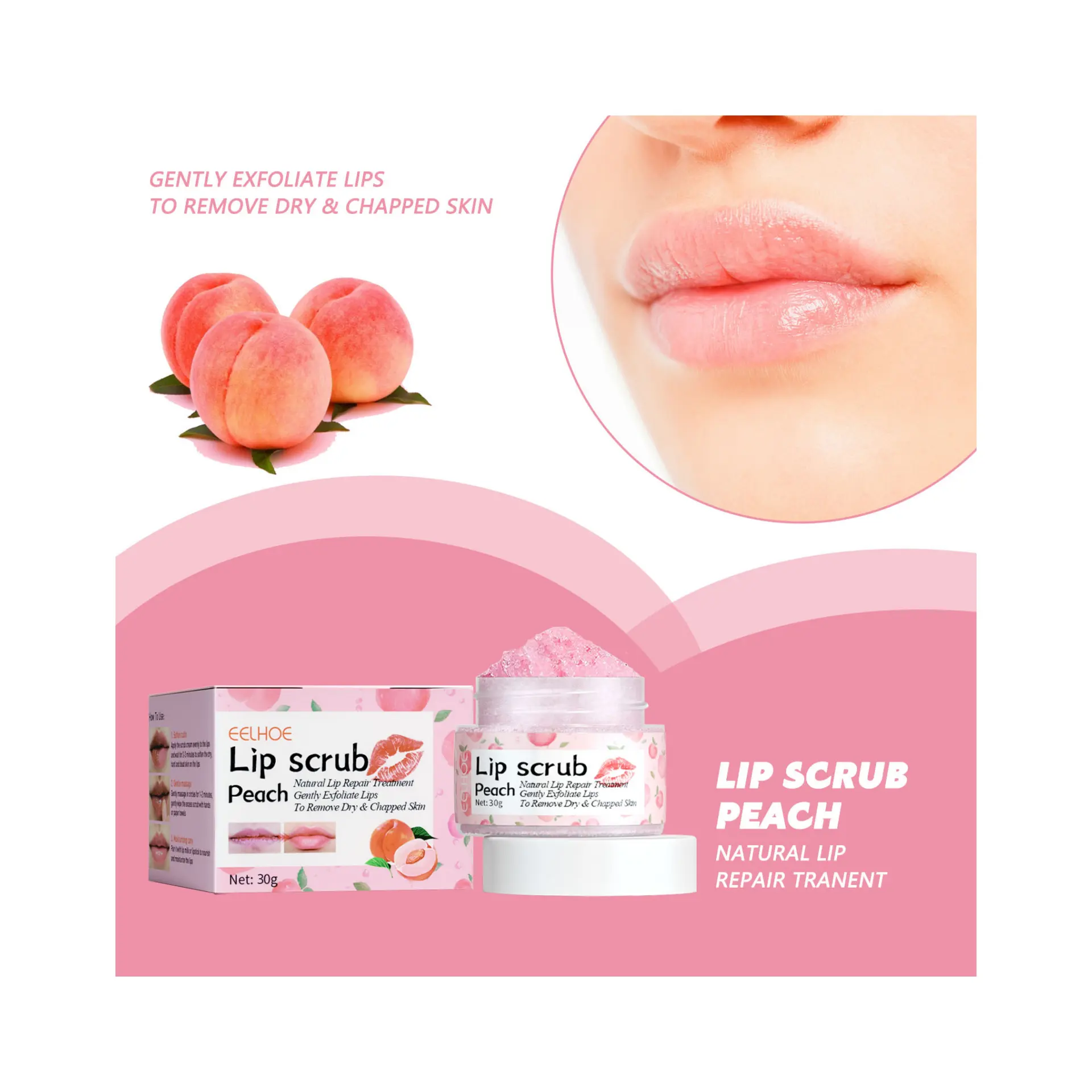 Sugar Peach 30G Moisturizing Nourishing Lip ScrubJar For Dark Lips Natural Repair Lip Care Exfoliate Scrub