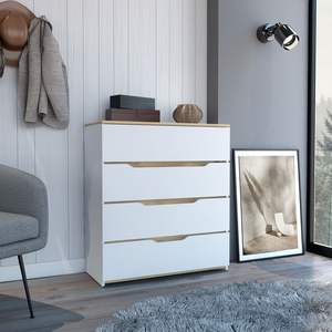 DB Modern Dresser 35 "H blanc/chêne clair quatre tiroirs avec dessus supérieur en acier inoxydable pour chambre et salon d'hôtel - Product Image 1