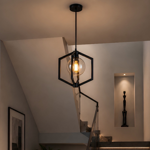 New Arrival Industrial Hexagon Matte Black Metal Amber Glass Globe Pendant <b>Light</b> - Product Image 1