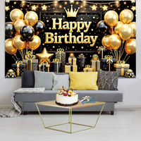 Bannière Murale Décorative Personnalisée Anniversaire 180x110cm Noir et Or, Grande Affiche avec Ballon Étoile Panneau Photo Fond de Scène pour Fournitures de Décoration d'Anniversaire