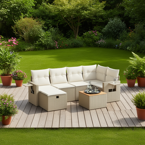 Conjunto de Sofá de Jardín de Ratán Beige de 7 Piezas con Fundas Extraíbles, Muebles de Exterior de Diseño Contemporáneo para Patio - Product Image 2