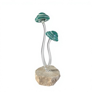 Glass Mushroom Sculpture With Green Swirl Caps On <b>Stone</b> Base Contemporary Tabletop <b>Decor</b> Single Piece - Product Image 1
