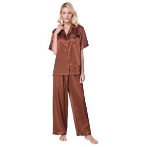 Luxury Satin Brown <strong>Button</strong> Down PAJAMA Sets for Women Cooling <strong>Dressing</strong> <strong>Gown</strong> with Thermal Features for Daily Life Summer Sleep - Product Image 4
