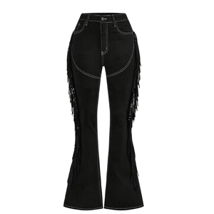 Pantalón acampanado negro para mujer Nuevo estilo vaquero con flecos Pantalón acampanado de mezclilla transpirable para Pantalones vaqueros de festival occidental - Product Image 1