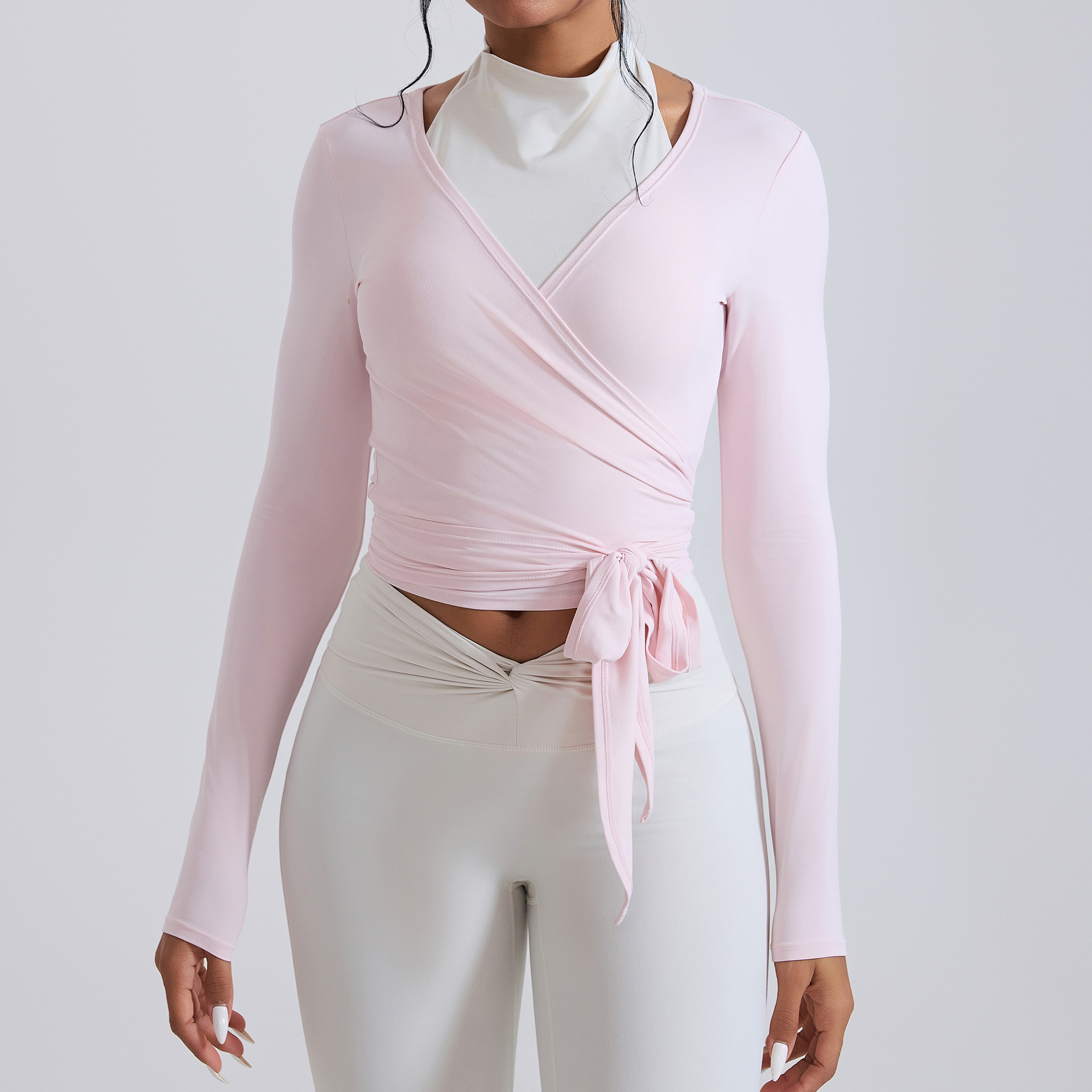 Hot Sale Causal Long Sleeve Yoga Top for Women V Neck Laces Slimming Breathable Yoga T-Shirt Workout Gym Fitness Running Wear