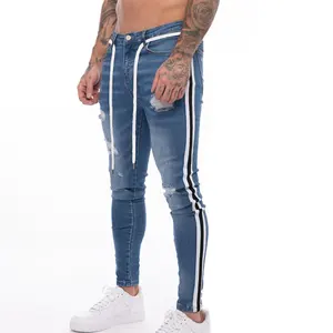 Prix d'usine pantalon crayon à la mode en denim blanc moulin pour hommes taille moyenne droite personnalisée jean skinny déchiré pour hommes