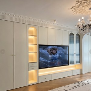 Meuble <span class=keywords><strong>TV</strong></span> mural intelligent de luxe, design moderne personnalisé <span class=keywords><strong>avec</strong></span> <span class=keywords><strong>niche</strong></span> cintrée et étagères en verre pour salon - Product Image 3