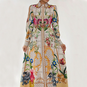 Robe longue <span class=keywords><strong>de</strong></span> luxe pour femme, imprimé floral baroque, col à revers, manches longues, coupe trapèze, avec <span class=keywords><strong>ceinture</strong></span>, idéale pour invitées <span class=keywords><strong>de</strong></span> mariage et occasions spéciales - Product Image 3