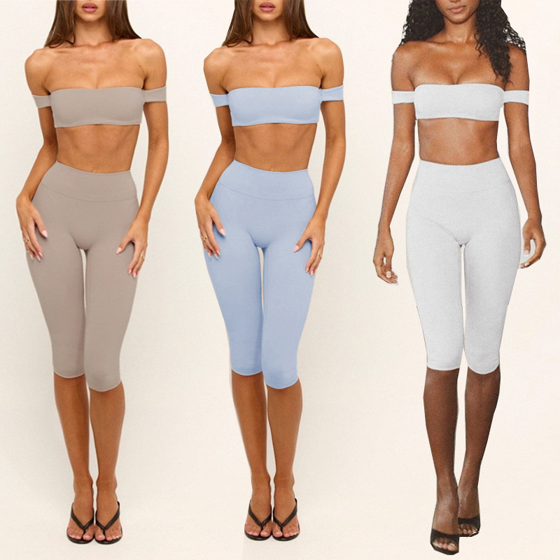 YIYI Wholesale 2pc Off-Shoulder Bandeau Yoga Set with Pad Women High Waist Quick Dry Capri Pants Yoga Set Fitness Yoga Outfit