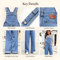 Salopette en jean pour femme, coupe droite et ample, bleu brume, avec boutons latéraux, style urbain