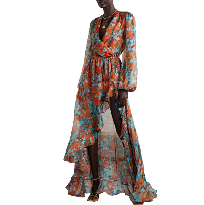 Custom New Design Fashion Trend Casual Dress V Neck Long Sleeve Asymmetric Ruffle Slit Floral Print Chiffon Maxi Dress