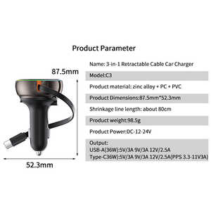 Cargador de Coche Doble ABS con Luces de Colores, Carga Rápida, 3 en 1, Cable Retráctil de 80CM, 45W, Compatible con Todos los Vehículos, Encendedor de Cigarrillos - Product Image 6