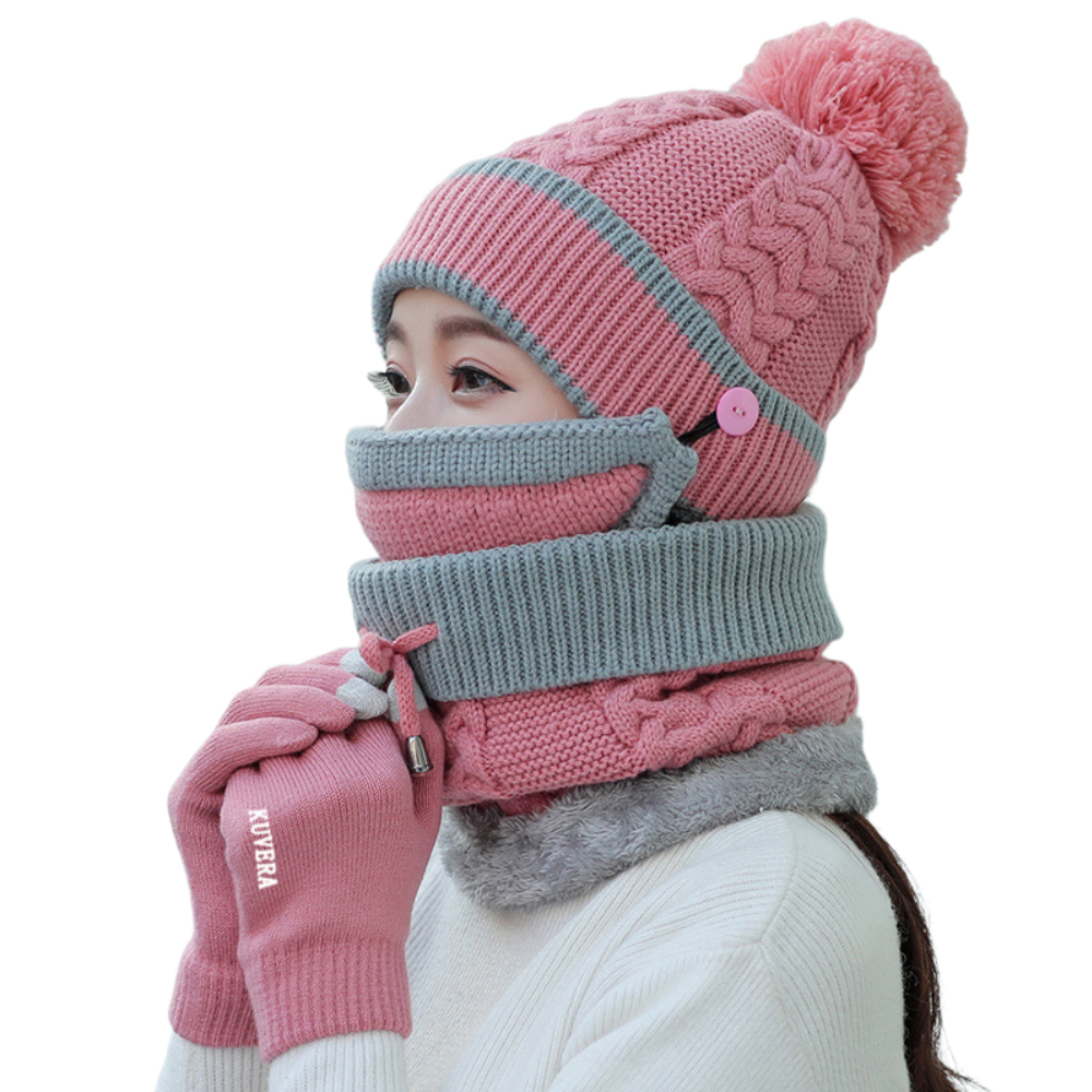 A2423  High Quality Ring Scarves Hat Touch Screen Gloves Set Winter 4pcs Fleece Lined Cycling Pom Pom Beanie Gloves Scarf Hats