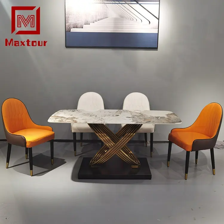 Muebles de comedor de metal, juego de comedor moderno, placa de roca de cerámica, mesa de comedor y sillas