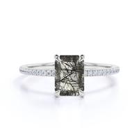 Bague de Fiançailles et de Mariage en Argent Sterling 925 avec Quartz Rutile Noir Naturel et Coupe Émeraude – Vente en Gros de Bijoux