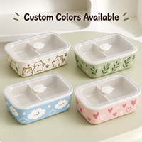 Boîte à bento en céramique à compartiments avec couvercle transparent hermétique, motif personnalisé, boîte cadeau, boîte à lunch en céramique à compartiments, design mignon de dessin animé