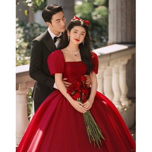 Red Ball Gown Wedding Dress Square Collar Natural Waist Vintage Style Full Skirt Long Sleeve Formal Bridal Gown - Product Image 5