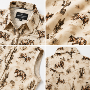 Ladys Woman Western Fashion Blouse Snap Front Shirts Sleeveless Horse Print <b>Cowgirl</b> <b>Top</b> Casual Summer Turn Down Collar - Product Image 3