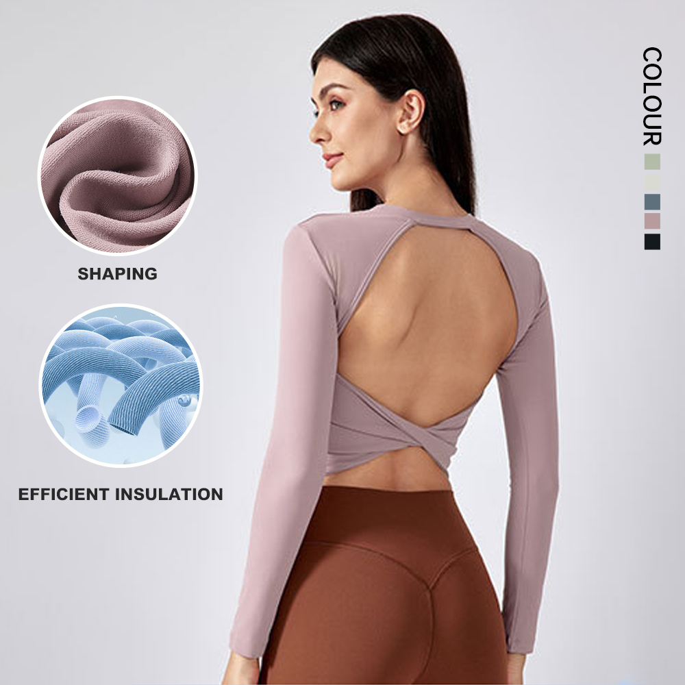 SHINBENE Women's Long Sleeve Open Back Shirts Loose Backless Twist Yoga Shirts With Thumb Hole