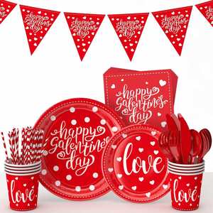 Paquete de Fiesta de San Valentín para 24 Personas, Directo de Fábrica, Juego de 144 Piezas con Platos, Servilletas, Vasos y Cubiertos Modernos en Rojo y Rosa - Product Image 2
