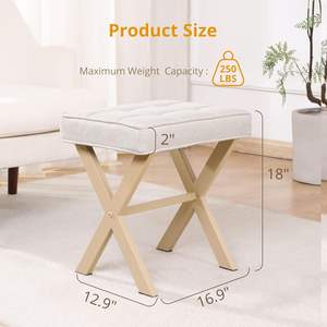 Taburete de tocador de maquillaje de lino cuadrado moderno, patas X plegables, pequeño asiento otomano de madera, reposapiés acolchado para dormitorio, hogar, vida suave - Product Image 3